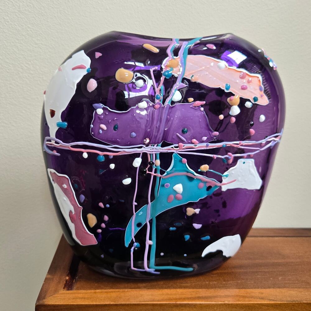 Vtg Stephen Nelson Amethyst Studio Glass 1991 Abstract Blown Vase Signed